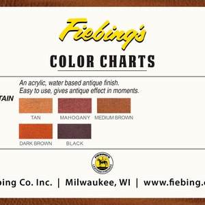 May include: Fiebing's Antique Leather Stain color chart with a bottle of stain and leather swatches in tan, mahogany, medium brown, dark brown, and black.