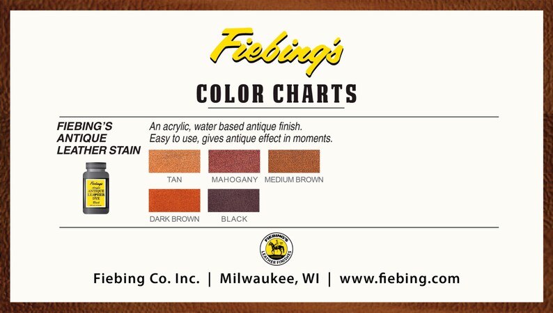 May include: Fiebing's Antique Leather Stain color chart with a bottle of stain and leather swatches in tan, mahogany, medium brown, dark brown, and black.