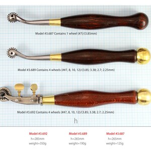 May include: Three different sizes of wooden handled leather crafting tools with metal wheels. The tools are labeled with model numbers and wheel sizes. The largest tool is 10 inches long and weighs 11 ounces. The middle tool is 9.5 inches long and weighs 7 ounces. The smallest tool is 9 inches long and weighs 4.5 ounces.