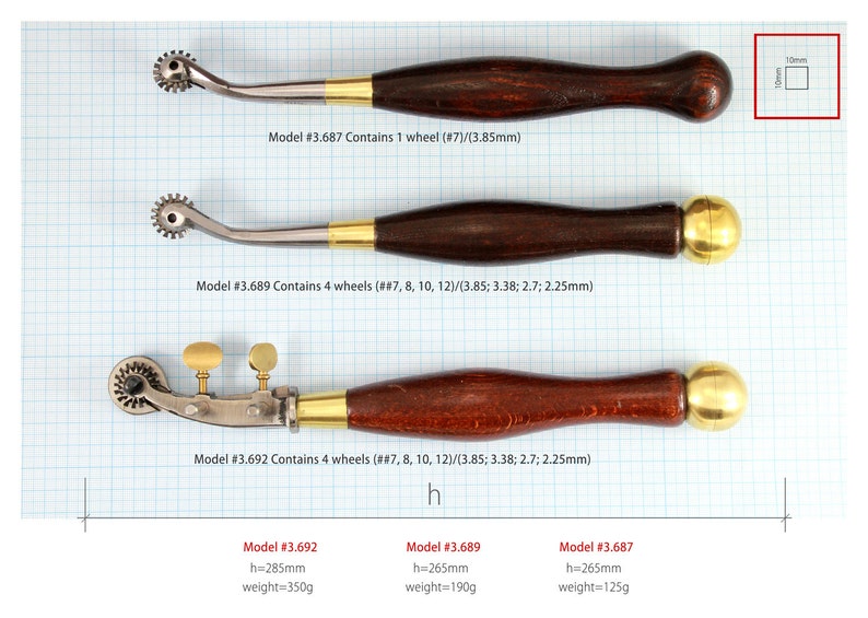 May include: Three different sizes of wooden handled leather crafting tools with metal wheels. The tools are labeled with model numbers and wheel sizes. The largest tool is 10 inches long and weighs 11 ounces. The middle tool is 9.5 inches long and weighs 7 ounces. The smallest tool is 9 inches long and weighs 4.5 ounces.