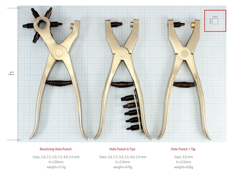May include: Three silver hole punches with different tip configurations. The first punch has a revolving tip with six different sizes. The second punch has six fixed tips. The third punch has one fixed tip. The punches are on a grid background with measurements in millimetres.