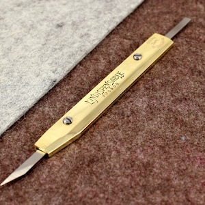 L'Indispensable Brass Knife, Handle, and Spare Blade by Vergez Blanchard / Brass Scabbard, Leather Paring Knife, Leather Craft Knife