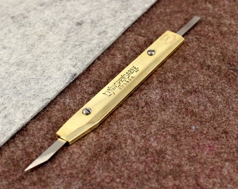 L'Indispensable Brass Knife, Handle, and Spare Blade by Vergez Blanchard / Brass Scabbard, Leather Paring Knife, Leather Craft Knife