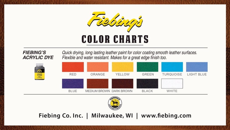 May include: Fiebing's Color Charts for leather dye. The chart shows 12 different colors of leather dye, including red, orange, yellow, green, turquoise, light blue, blue, medium brown, dark brown, black, and white.