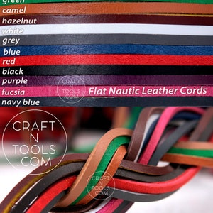 May include: Assortment of flat nautic leather cords in various colors, including dark brown, medium brown, light brown, green, camel, hazelnut, white, grey, blue, red, black, purple, fuchsia, and navy blue. The cords are arranged in a row from top to bottom, with the color names listed next to each cord. The image also includes the text "CRAFT N TOOLS COM" and "Flat Nautic Leather Cords".
