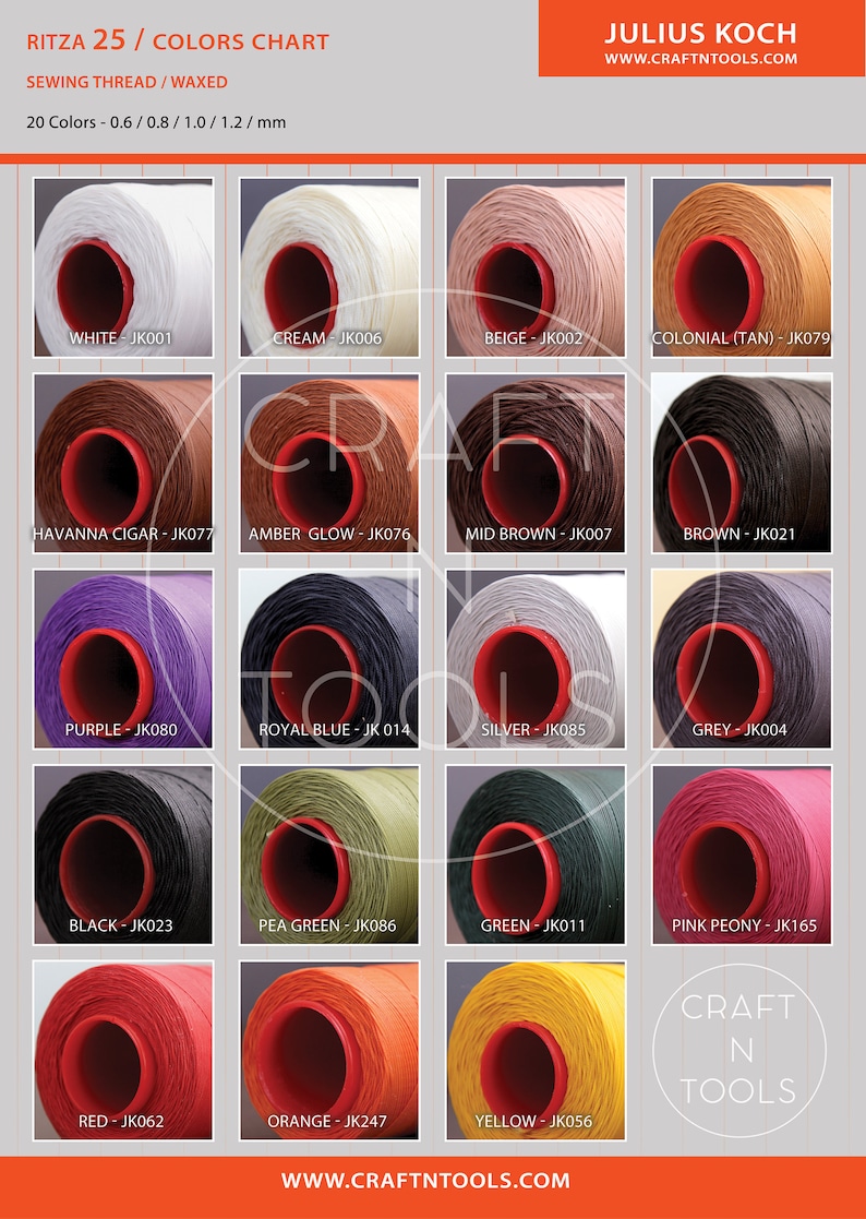 Puede incluir: Una carta de colores que muestra 20 colores diferentes de hilo de coser encerado. El hilo est&aacute; disponible en tama&ntilde;os de 0,6, 0,8, 1,0 y 1,2 mm. La carta est&aacute; etiquetada como "Ritza 25 / Colors Chart" y "Julius Koch".