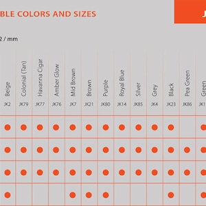 May include: A chart showing the available colors and sizes of Ritza 25 sewing thread. The chart shows 20 colors of thread in various sizes, from 0.6 mm to 1.2 mm. Each color is labeled with a code, such as JK1 for white and JK247 for orange.