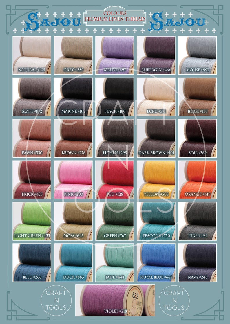 May include: A color chart of 25 spools of linen thread, each wound on a wooden spool. The spools are arranged in a grid of five rows and five columns. Each spool is labeled with a color name and a number. The colors include natural, grey, mauve, aubergine, mouse, slate, marine, black, ecru, beige, fawn, brown, lichen, dark brown, soil, brick, pink, red, yellow, orange, light green, moss, green, peacock, pine, bleu, duck, jade, royal blue, navy, and violet.