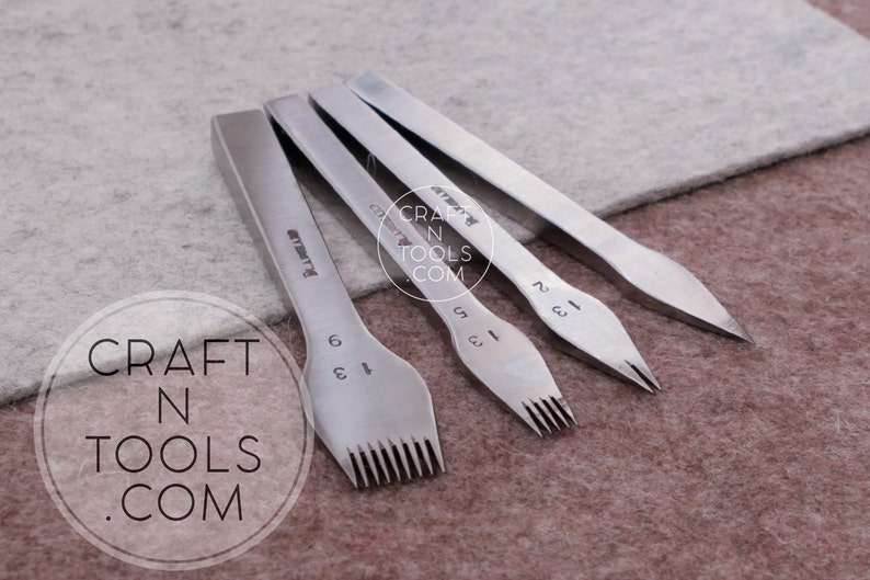 May include: Four silver leather stitching tools with different sized prongs. The tools are labeled with numbers 1, 2, 3, and 6. The tools are on a gray and brown surface. "CRAFT N TOOLS .COM" is printed on the surface.