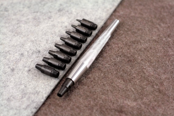Hole Punch Set Tips (9pcs) + Metal Handle by Vergez Blanchard / Round Punch Handle / Leather Puncher / Saddlers Punch / Leather Working Tool