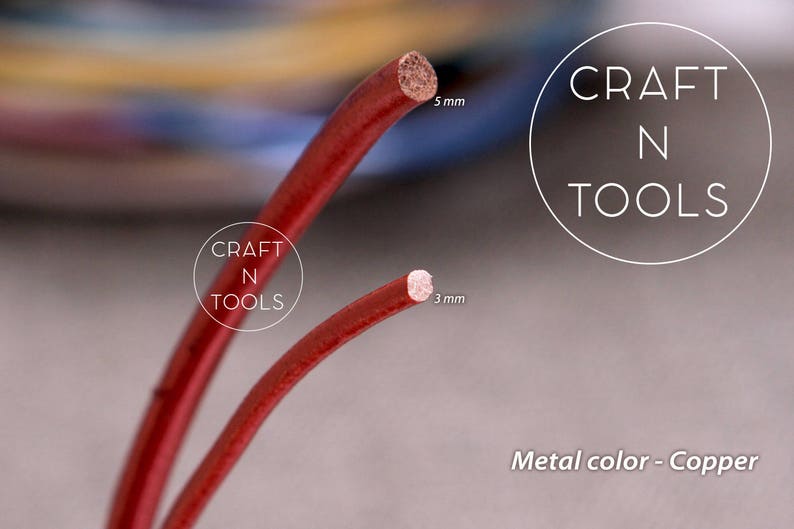 May include: Two red leather cords, one 3 mm and one 5 mm in diameter, with the text "CRAFT N TOOLS" printed on a white circle. The text "Metal color - Copper" is also printed below the cords.