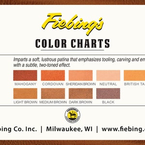 May include: Color chart for Fiebing's Antique Leather Finish. The chart shows 10 different leather colors, including Mahogany, Cordovan, Sheridan Brown, Neutral, British Tan, Tan, Light Brown, Medium Brown, Dark Brown, and Black.