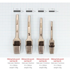 May include: Four oblong hole punch tools of varying sizes are displayed. The tools are made of silver metal and have a rectangular hole at the bottom. Measurements are provided for each tool, including hole size and overall dimensions.