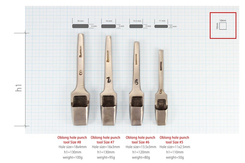 May include: Four oblong hole punch tools of varying sizes are displayed. The tools are made of silver metal and have a rectangular hole at the bottom. Measurements are provided for each tool, including hole size and overall dimensions.