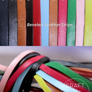 May include: A close-up of a variety of beveled leather strips in different colors, including navy blue, black, camel, brown, red, light blue, cognac, fuchsia, green, light rose, and lime. The strips are arranged in a row and the text "CRAFT N TOOLS COM" is visible in the image.