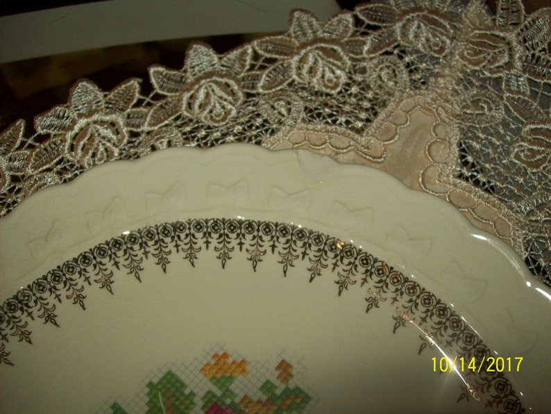 Taylor Smith /& Taylor Dinner Plates Rare Gold Filigree Cross Stitch Floral Center Discontinued Pattern Earthenware Flowers Vintage 1940s