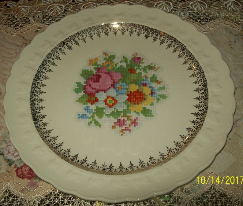 Taylor Smith /& Taylor Dinner Plates Rare Gold Filigree Cross Stitch Floral Center Discontinued Pattern Earthenware Flowers Vintage 1940s