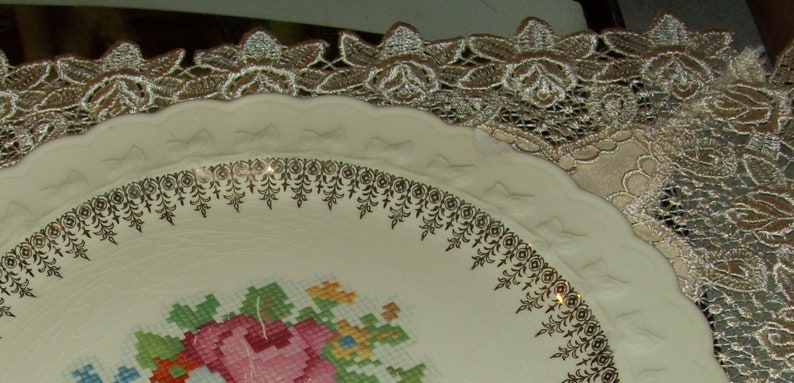 Taylor Smith /& Taylor Dinner Plates Rare Gold Filigree Cross Stitch Floral Center Discontinued Pattern Earthenware Flowers Vintage 1940s