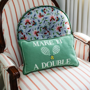 Make It A Double Needlepoint Pillow, Embroidered Tennis Racket Cushion, Preppy Green Country Club Decor, Furbish