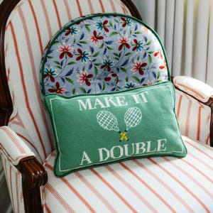 Make It A Double Needlepoint Pillow, Embroidered Tennis Racket Cushion, Preppy Green Country Club Decor, Furbish