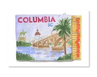 Columbia SC Matchbook - Travel Wall Art Print, Aesthetic Wall Decor, Modern Art Print, Preppy Room Decor for Living Room, Bedroom, 5&quot; x 7&quot;