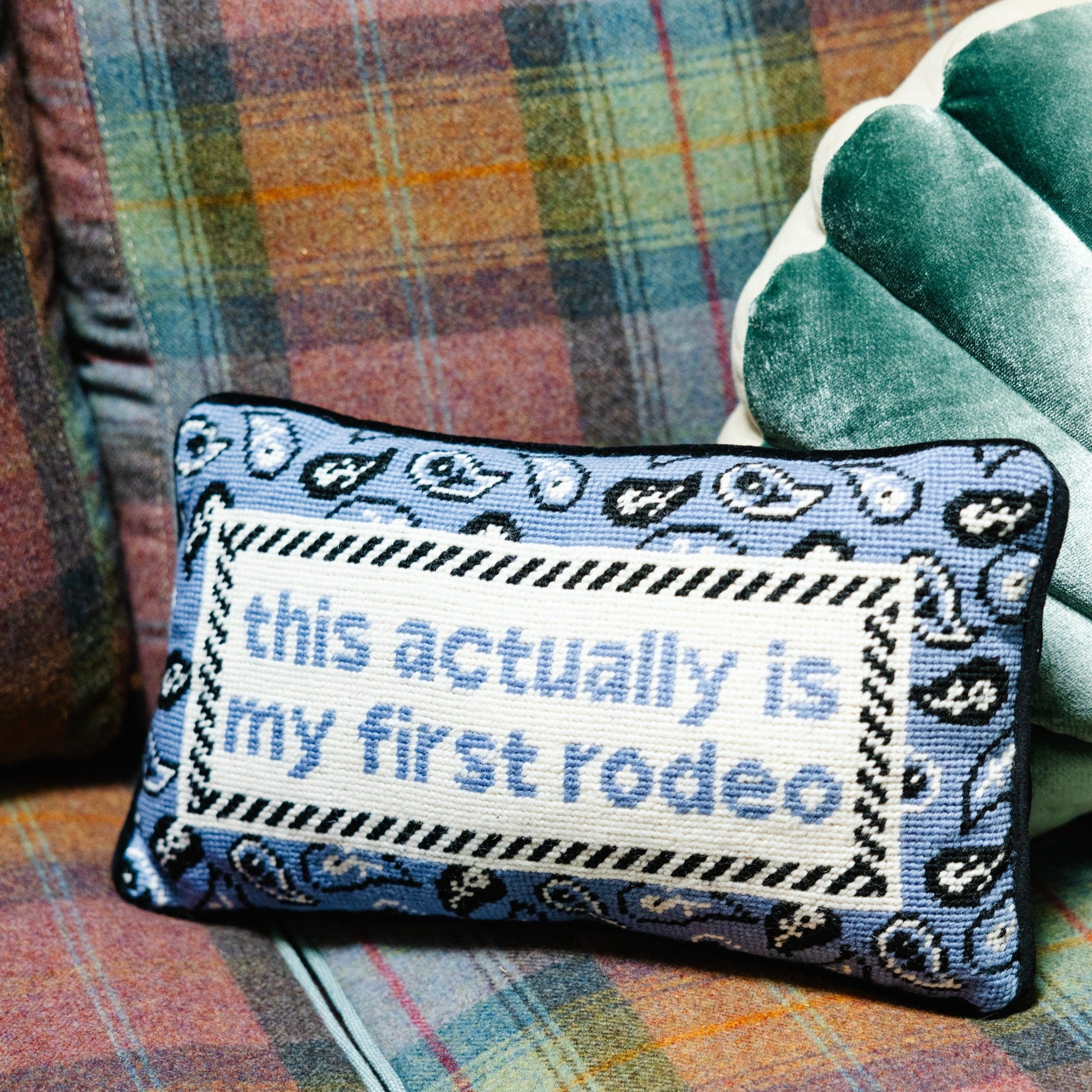 First Rodeo Needlepoint Decorative Throw Pillow - Small Embroidered Accent Pillow for Bed, Chair, Couch, Sofa, 9" x 15"