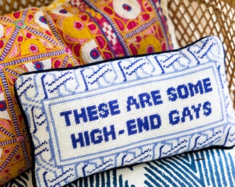 High-End Gays Needlepoint Decorative Throw Pillow - Small Embroidered Accent Pillow for Bed, Chair, Couch, Sofa, 8&quot; x 14&quot;