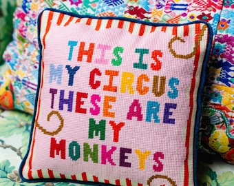 My Circus Needlepoint Decorative Throw Pillow - Small Embroidered Accent Pillow for Bed, Chair, Couch, Sofa, 11&quot; x 11&quot;