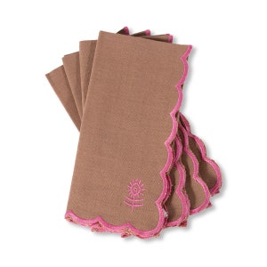 Icon Linen Napkins S/4 Khaki + Hot Pink - Scalloped Napkins for Dinner, Tea Party, Holiday Table Decor, 100% Sustainable Linen & Cotton, 18&quot;