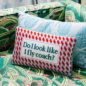 Fly Coach Needlepoint Pillow, Funny Quote Throw Pillow, Embroidered Lumbar Cushion, Luxury Travel Lover Gift, Couch Decor, Furbish