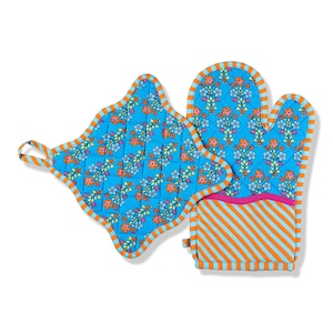Blue Pot Holder and Oven Mitt - 100% Quilted Cotton Kitchen Mitten & Hot Pad, Heat Resistant with Loop for Cooking and Baking, 9”x9”