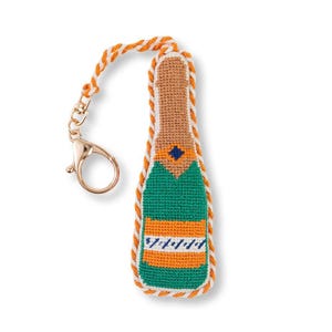 Champagne Bottle Needlepoint Bag Charm, Festive Bottle Keyring, Stylish Handbag Accent, Wine Lover Gift for Her, Furbish