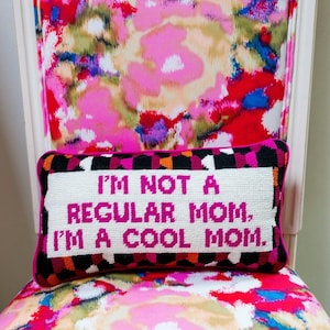 FURBISH Needlepoint Pillow - Cool Mom - 8" x 14" - Small Embroidered Accent Pillow for Bed, Chair, Couch, Sofa - Eclectic Decor