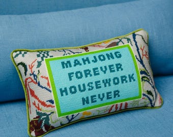Mahjong Needlepoint Pillow, Funny Mahjong Gift for Her, Cheeky Game Night Accent Pillow for Couch, Chair, Desk, Furbish