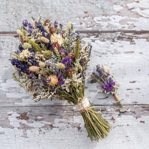 Dried Flower Bouquet.  Dried Wedding Flowers for Bride, Bridesmaid or Flowergirl. Buttonholes to Match in a Country Blue Design