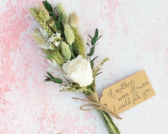 Mothers Day Dried Flower Posy, Miniature Bouquet with Ivory Rose. Can include handmade Card with Personalised Message. Lovely Dried Flowers.