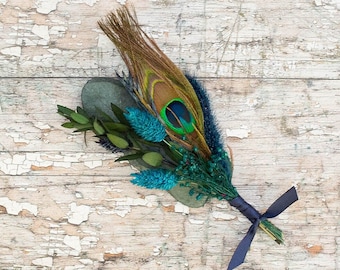 Dried Flower Buttonhole. Florence and Flowers. Bespoke Wedding Flowers for Bride, Bridesmaid, Flower Girl. Peacock Rustic Boho Wild Flowers