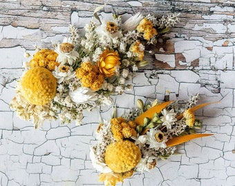 Yellow Hair Accessories Made With Dried Flowers. Range of Clips, Grips, Combs, Crown and Wires to choose from. Dried Flower Wedding Hair