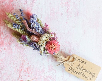 Dried Flower Mini Posy, Miniature Bouquet, Pink and Lavender. Perfect Mothers Day Gift. Can include a handmade card with personal message