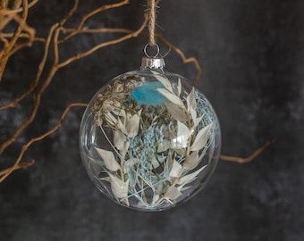 Glass Christmas Bauble filled with Dried Flowers.  Large 10cm design.  Winter Blues design or choose your own colours