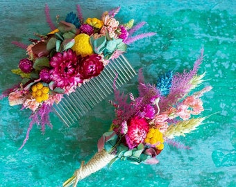 Dried Flower Buttonhole. Colourful Happy Wedding Flowers for Groom, Groomsmen, Ushers. Bright Wedding Bouquets and Hair Items To Match.