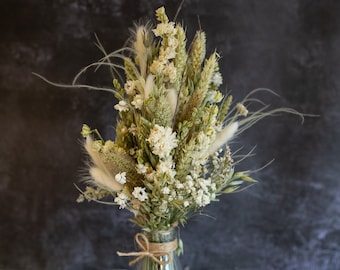 Ivory Dried Flower Arrangement for wedding, gift or home. Small posy with neutral natural themed colours made into a mini milk bottle.