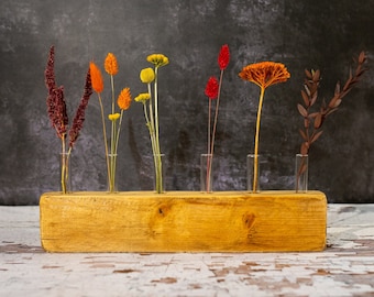 Dried Flower Display. For Home décor and Gifts. Sustainable Reclaimed Wooden Block Vase with Test Tubes and Dried flowers. Choose colours.