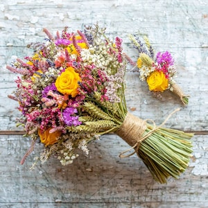 Dried Flower Bouquet. Rainbow Wedding Flowers for Bride, Bridal, Bridesmaid or Flowergirl. Buttonholes made to match.