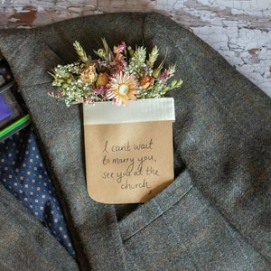 Dried Flower Floral Pocket Square. Alternative Wedding Buttonholes with Personalised Secret Message Option. Groom's Wedding Flower Gift.