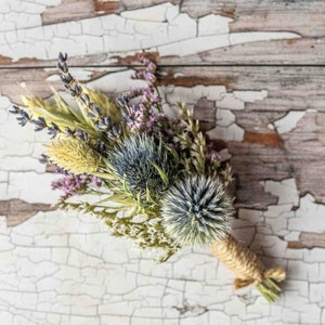 Dried Flower Thistle Wedding Buttonholes. Made from dried flowers and grasses. Rustic, Vintage, Country Boutonniere Groom Best Man Corsage image 1