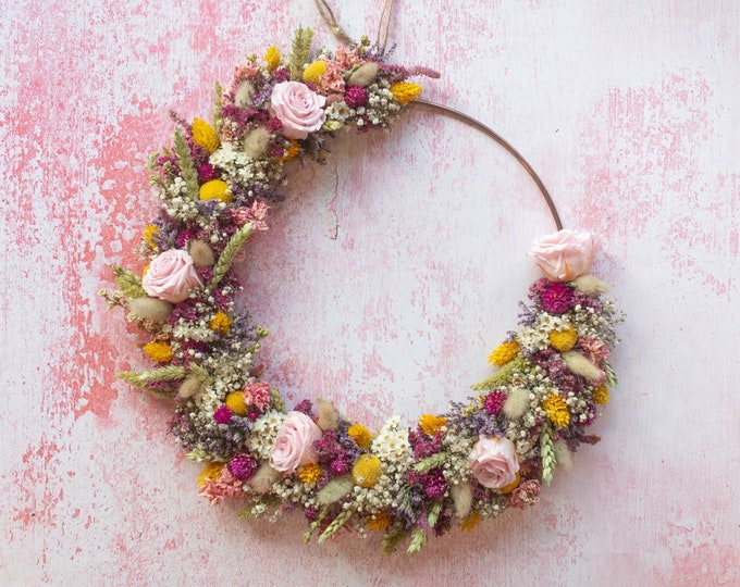 Dried Flower Hoop. A metallic hoop with dried flowers, foliage and everlasting roses. Pink, Yellow, Purple. Dried Wreath for Home or Wedding