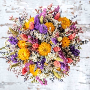 Dried Flower Bouquet. Country Bright Wedding Flowers for Bride, Bridal, Bridesmaid, Flowergirl. Buttonholes to match. Dried Wedding Flowers