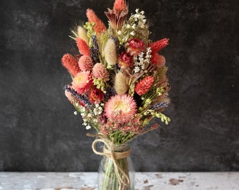 Dried Flower Arrangement in Country Pinks. Mothers Day, Wedding, gift or home decoration.  Can include personalised message in handmade card