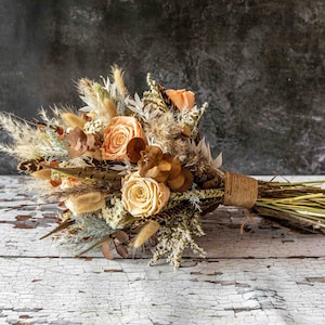 Dried Flower Bouquet. Neutral, Cream and Brown Boho Wedding Flowers for Bride Bridal or Bridesmaid. Buttonholes made to match. Feather Rose